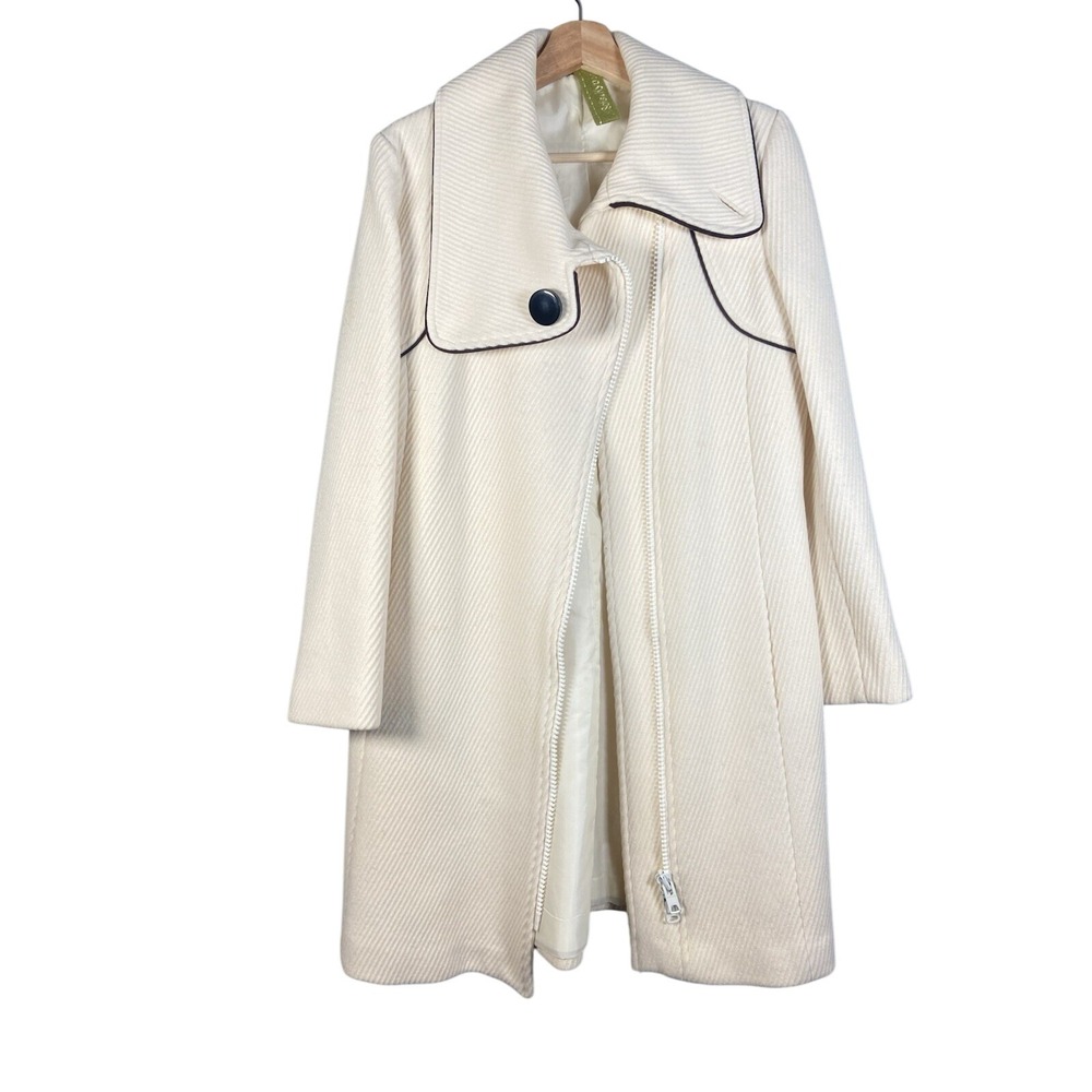 Wool Blend Cream Coat Asymmetrical Zip Front Black Trim Elegant Luxury Sz Large
